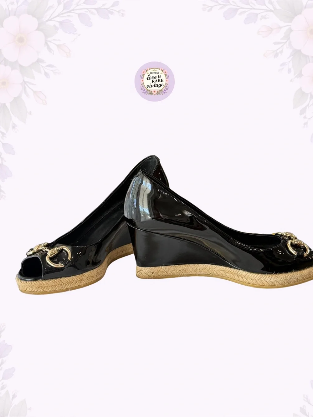 Vintage Gucci Horsebit Espadrille Wedges • Y2K Black Patent Leather Platforms